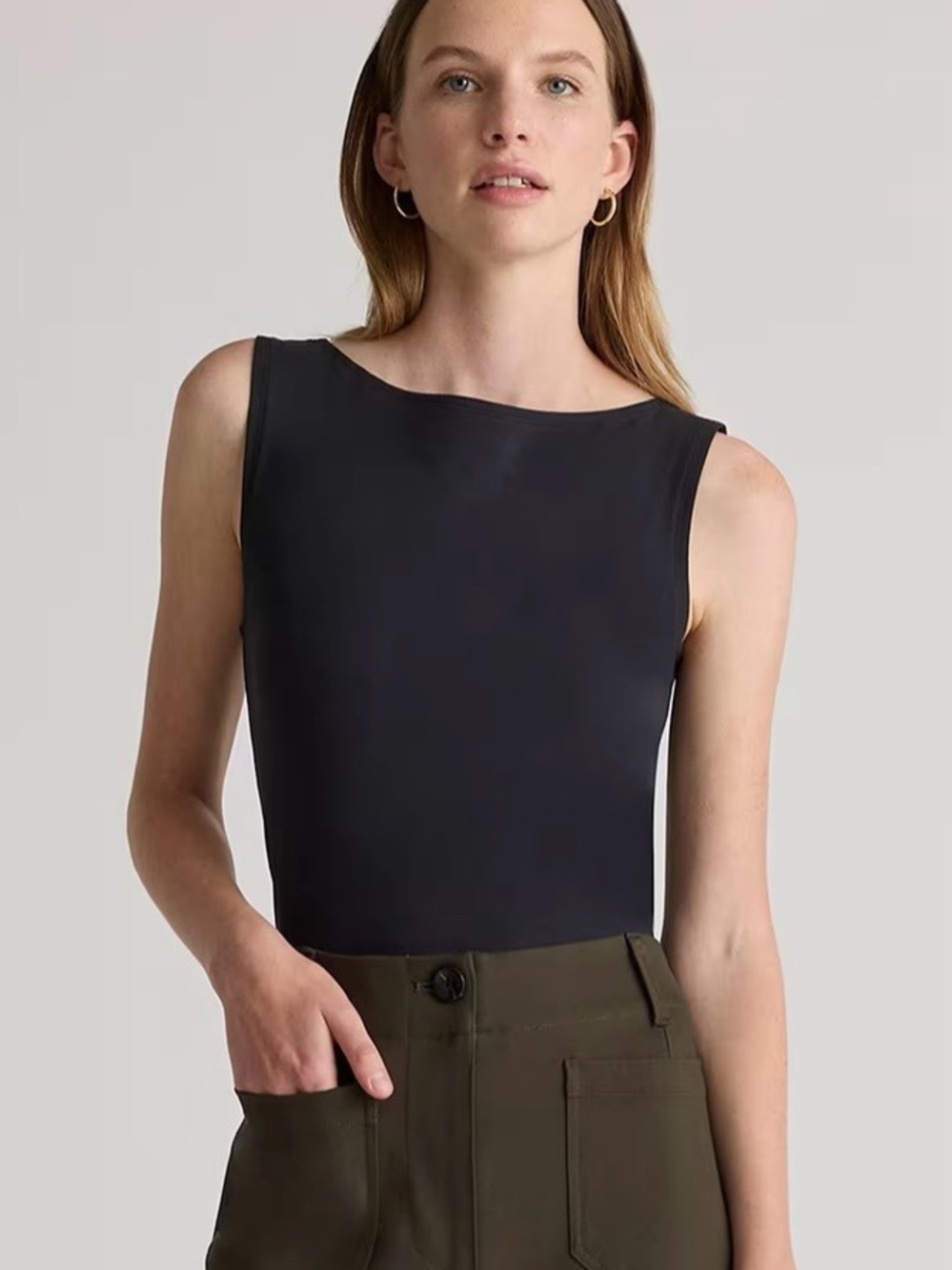 Quince Black Stretch Cotton Jersey Boat Neck Tank